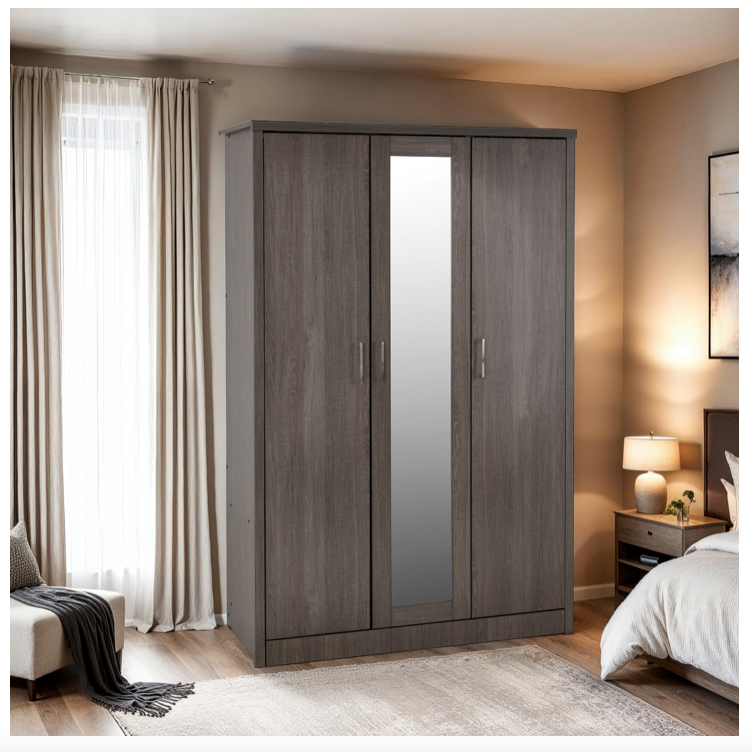 Lisbon 3 Door 2 Drawer Mirrored Wardrobe Black Grain