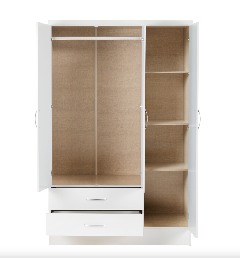 White Nevada 3 Door 2 Drawer Mirrored Wardrobe