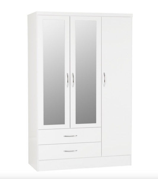 White Nevada 3 Door 2 Drawer Mirrored Wardrobe