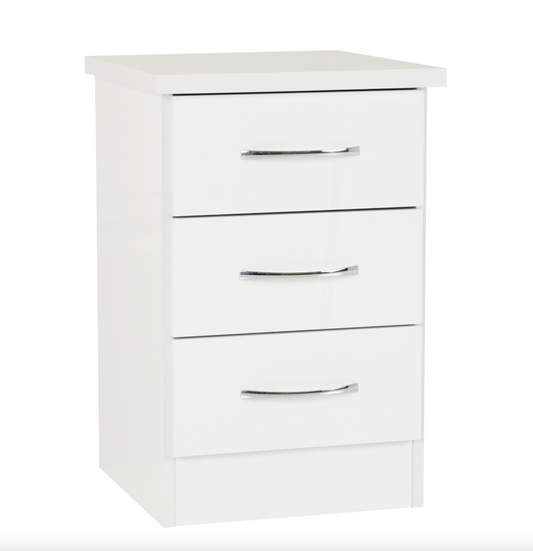 Nevada White 3 Drawer Bedside Cabinet