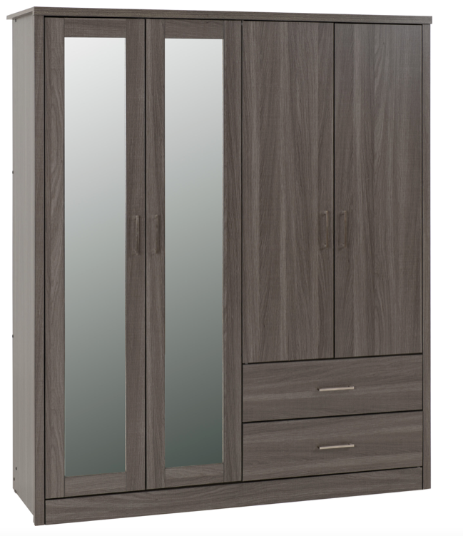 Lisbon 4 Door 2 Drawer Mirrored Wardrobe Black Grain