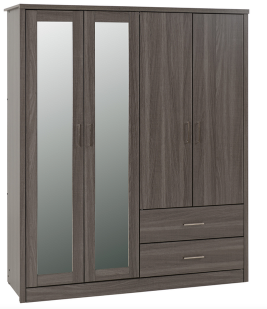 Lisbon 4 Door 2 Drawer Mirrored Wardrobe Black Grain