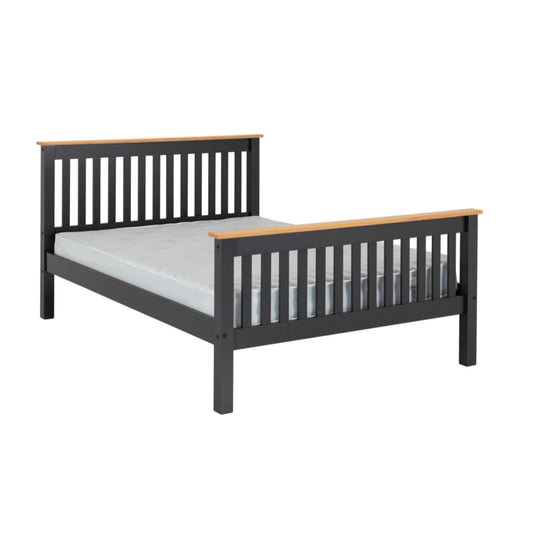 Monaco 4"6 Bed with High Foot End Finished in Grey Laquer and Oak.