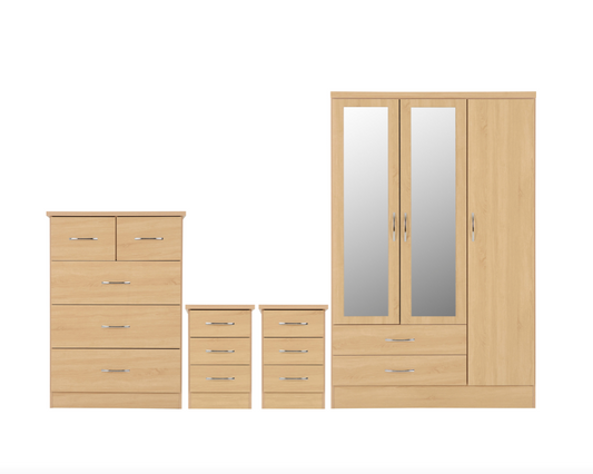 Nevada 3 Door 2 Drawer Mirrored Wardrobe Bedroom Set in Sonoma Oak Effect