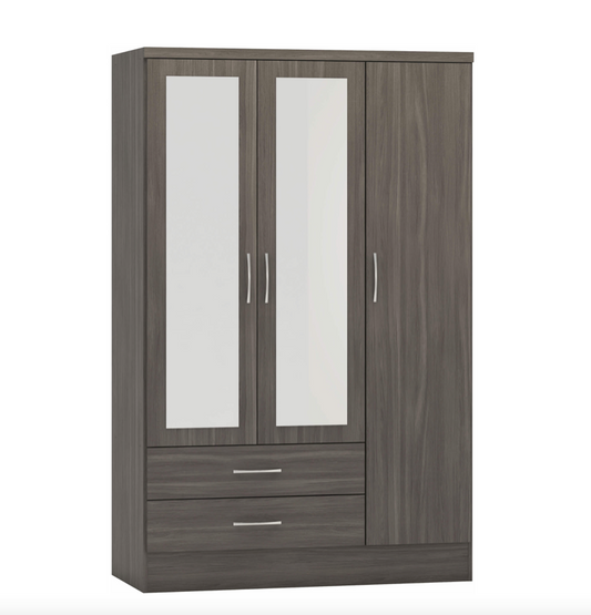 Nevada 3 Door 2 Drawer Mirrored Wardrobe in Black Wood Grain.